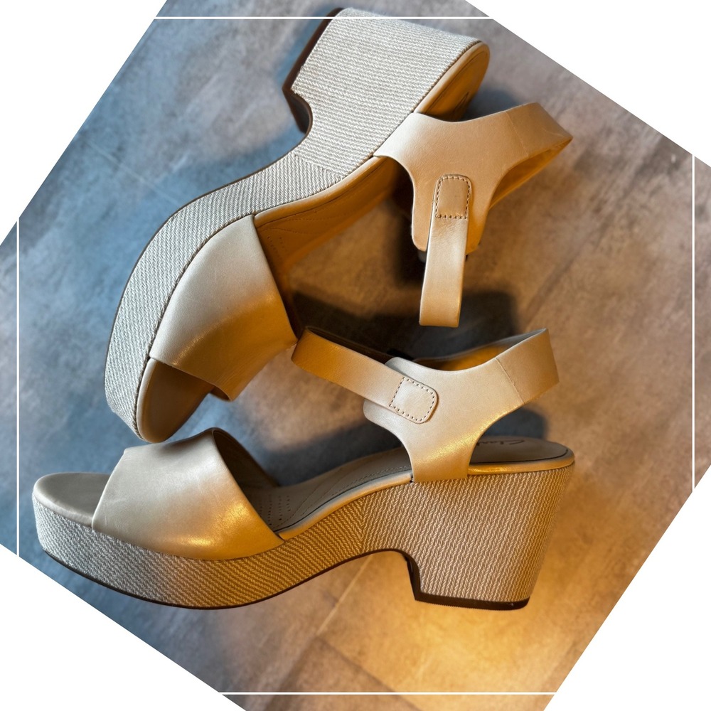 Clarks Women Beige Leather Ankle Strap Platform Wedge Sandals Size‎ 10M